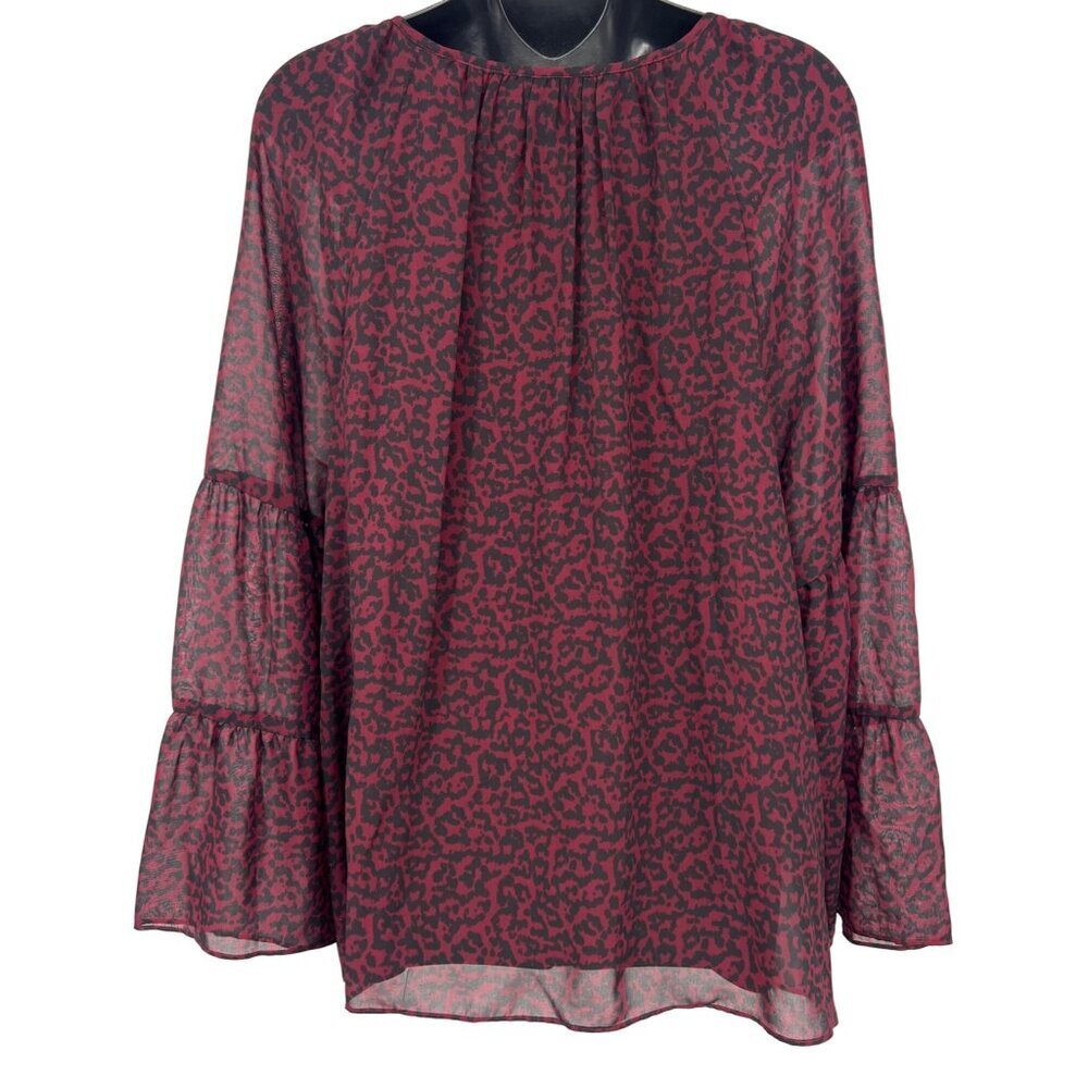 JM Collection Women XL Cherry Pie Red Black Leopard Blouse Long Bell Sleeve New - Picture 5 of 9